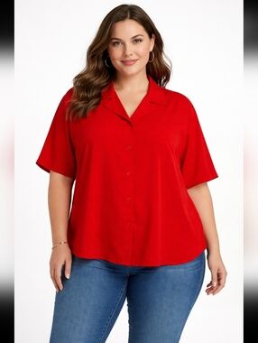 JONES WEAR Womens 16 Career Casual Button Short Sleeve Polyester Solid Red Top